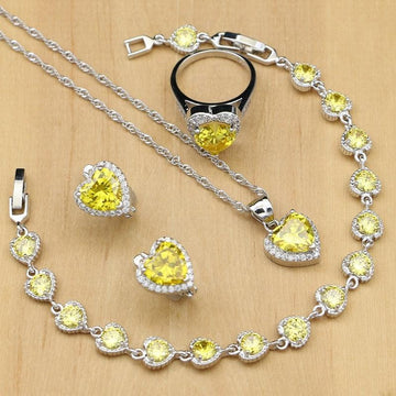 Heart Design Silver Yellow AAA+ Cubic Zirconia Stone Earrings/Pendant/Rings/Bracelet/Necklace Jewellery Set - The Jewellery Supermarket